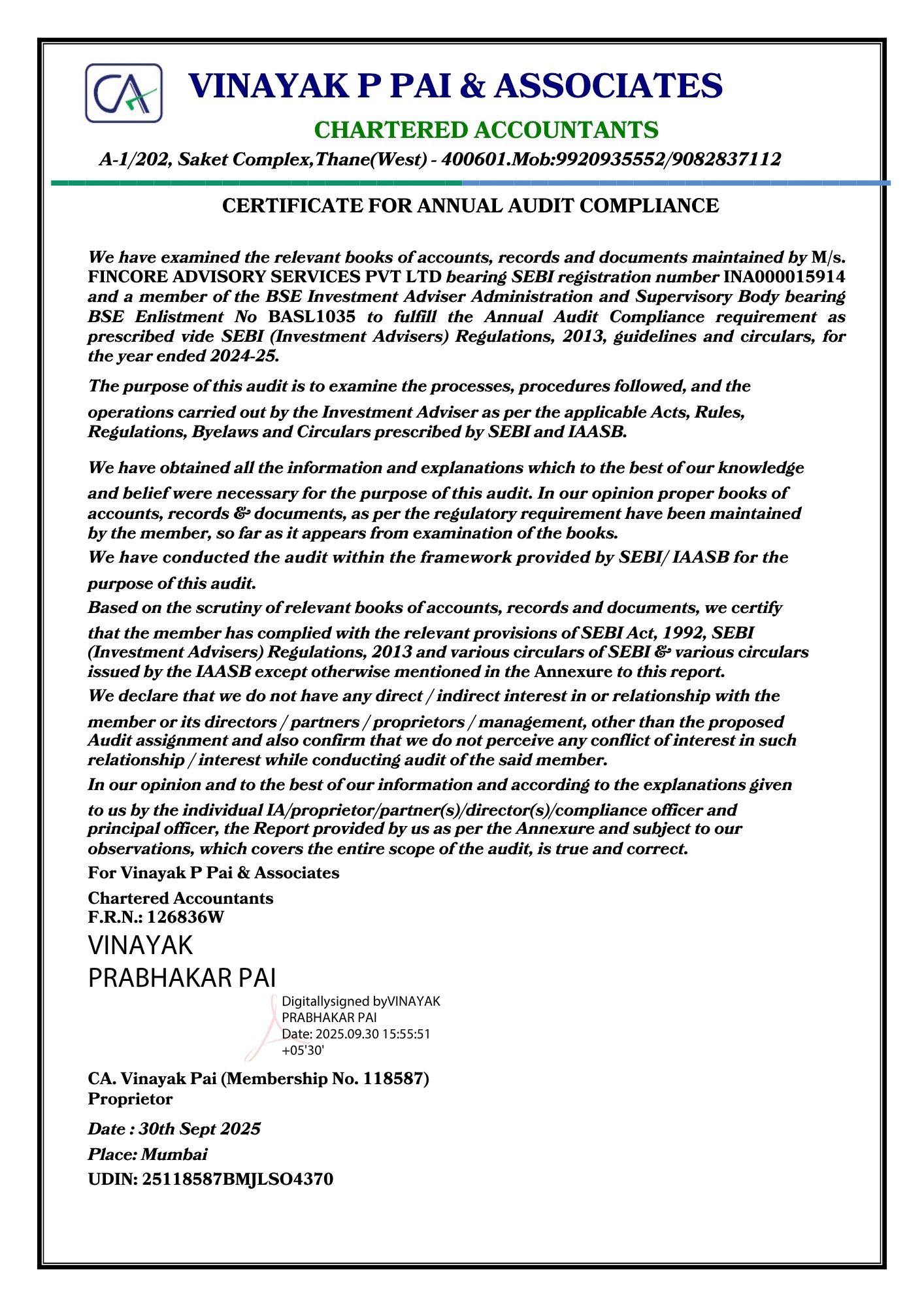 Thumbnail for Fincore Advisory Audit Report 2024-25 document